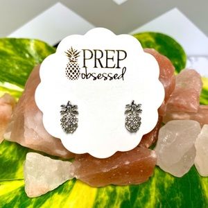 Mini Crystal Pineapple Silver Tone Stud Earrings
